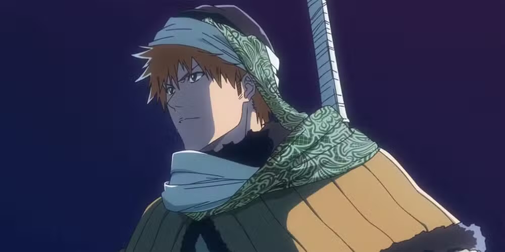 Anime swordsman with a cloth-wrapped blade over his shoulder
